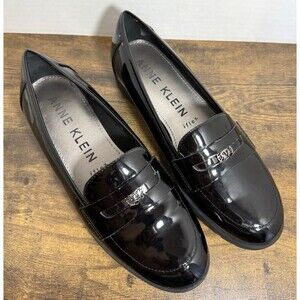 Anne Klein Iflex AKBINGO Black Patent Shiny Loafers Sz 7.5M